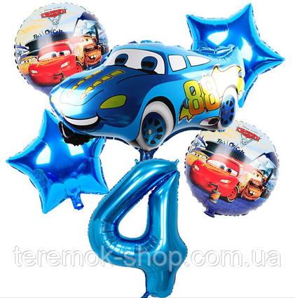 Фольговані кулі Тачки з блакитною цифрою 4, повітряні кулі набір Тачка Маквін 6 шт
