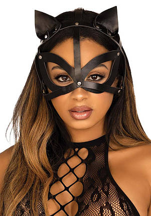 Маска кішки з екошкіри Leg Avenue Vegan leather studded cat mask Black, фото 1