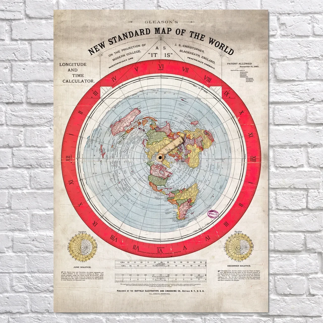 Плакат "Карта Глісона 1892, пласка Земля", 85×60см