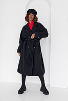 Женское двубортное пальто под пояс - черный цвет, M (есть размеры)