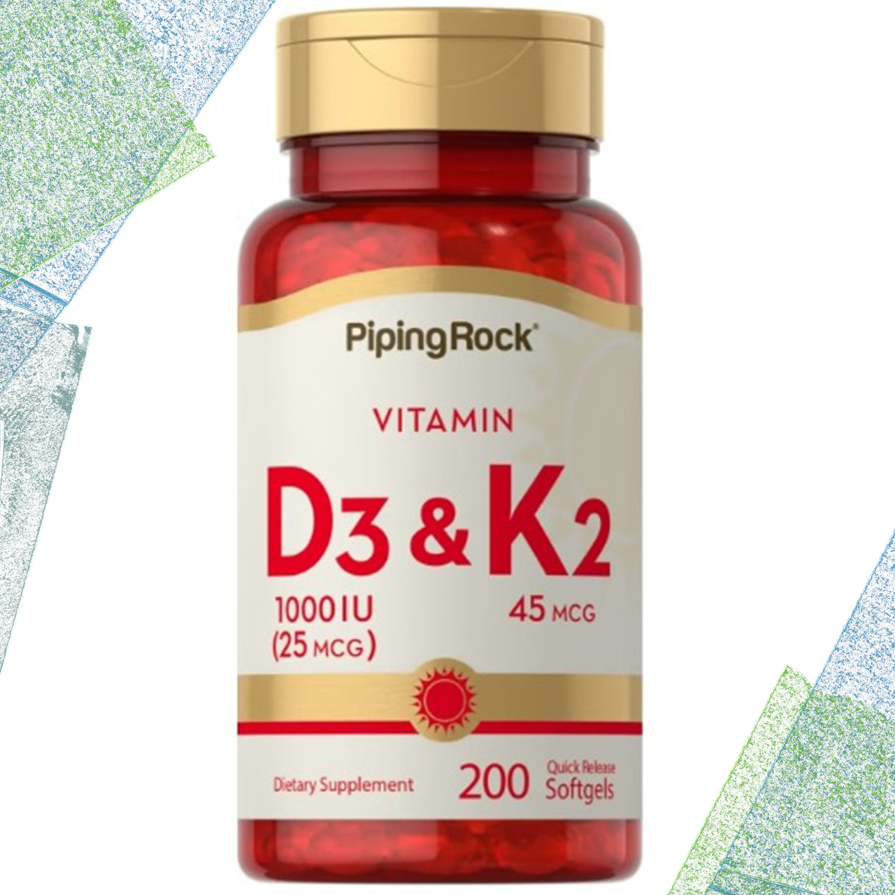 Вітамін Д3 і К2 Piping Rock Vitamin D3 & K2 (1000IU, 25 мкг & 45 мкг) 200 гелевих капсул