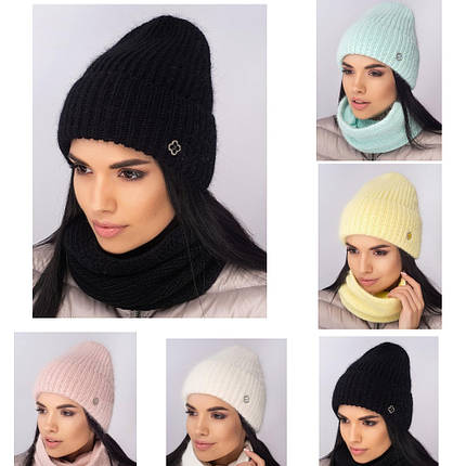 Жіночий комплект шапка та снуд ангоровий з флісовою підкладкою теплий в'язаний осінь зима універсальний розмір, фото 1