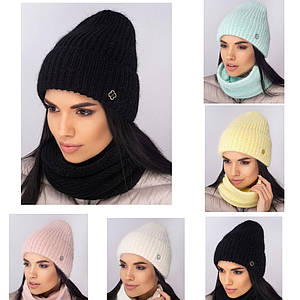 Жіночий комплект шапка та снуд ангоровий з флісовою підкладкою теплий в'язаний осінь зима універсальний розмір