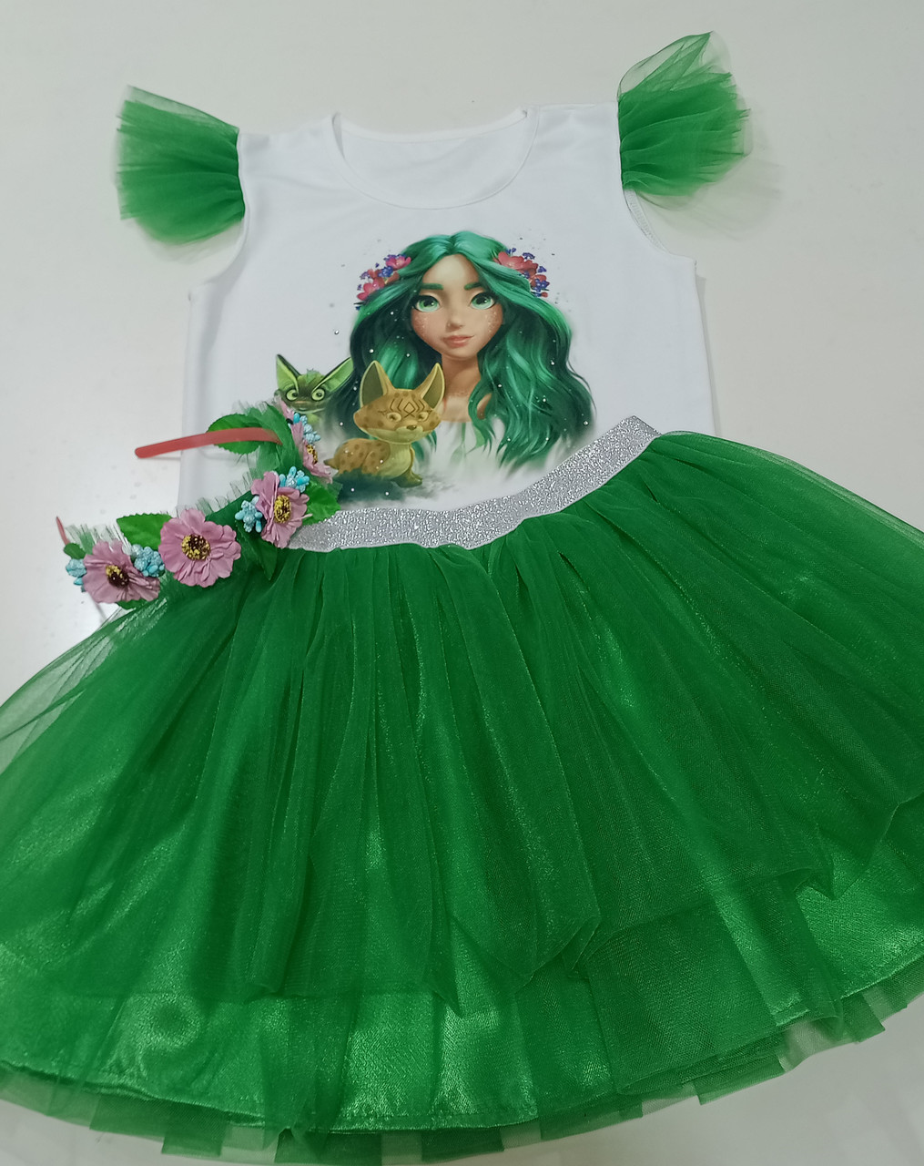 Костюм Лісова Фея зелена юбка ,віночок з квітами 110, 116,