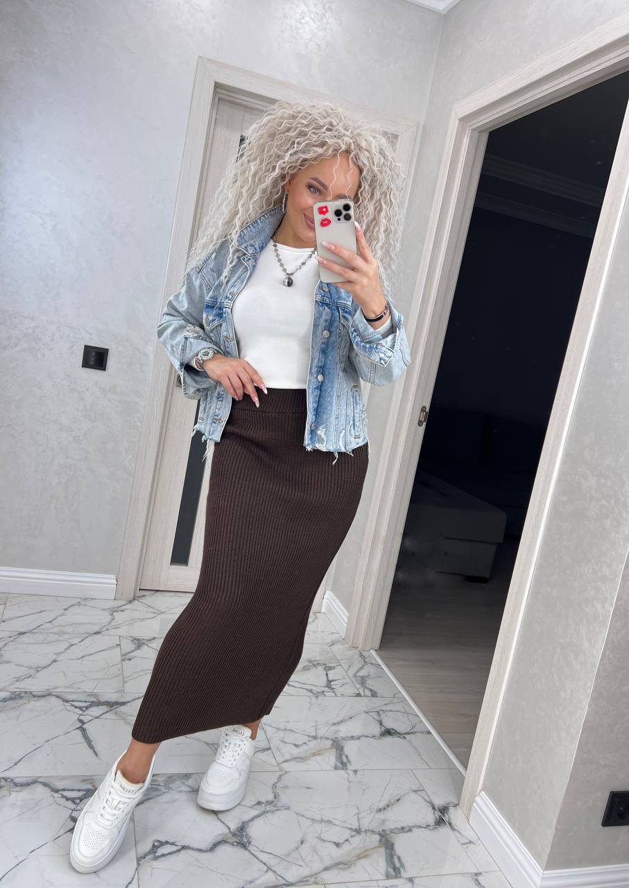 Жіноча стильна в'язана спідниця "Стелла" міді (Onesize 42-50), Шоколад, фото 1