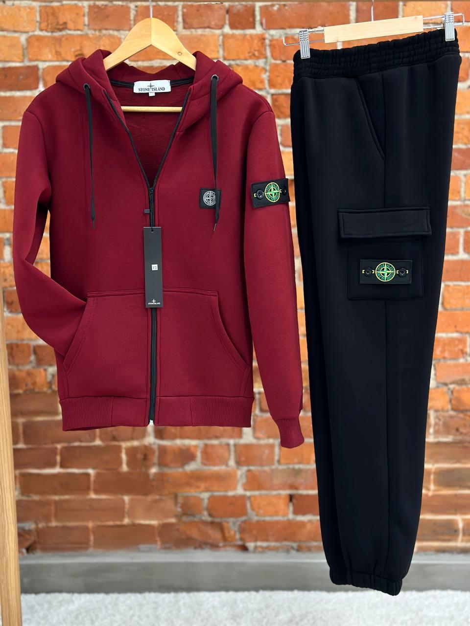 Спортивний костюм зимовий жіночий Stone Island на флісі бордовий-чорний комплект утеплений зіппер штани