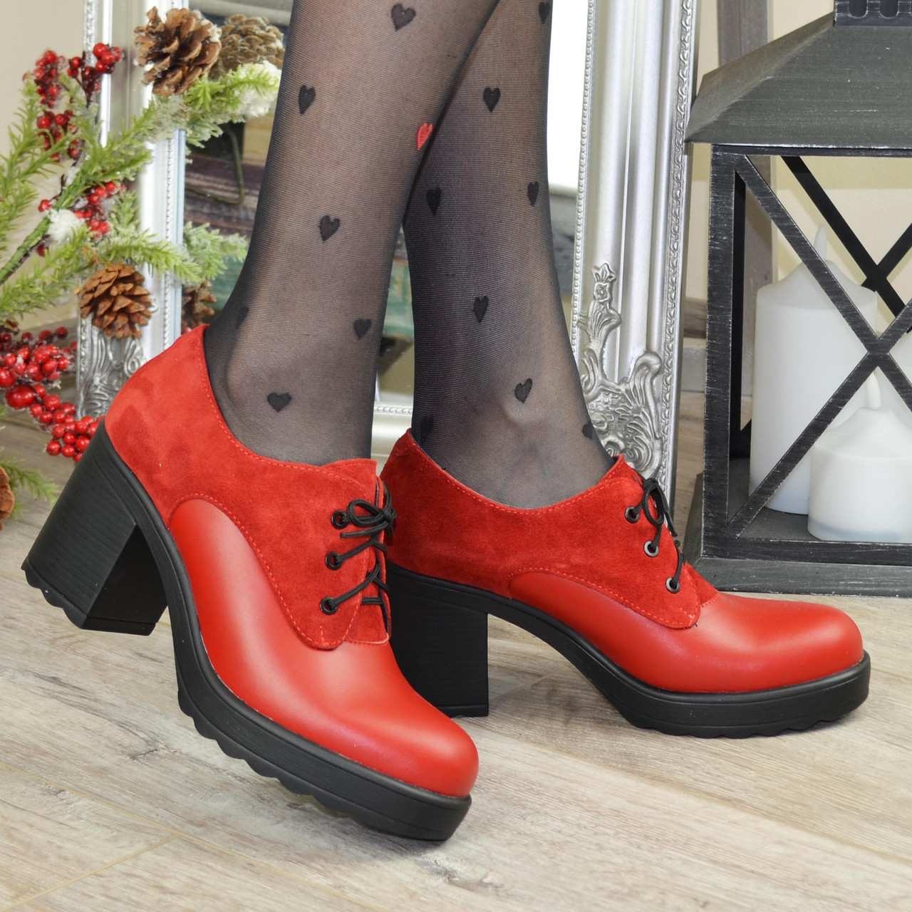 Жіночі червоні туфлі на стійкому каблуці, фото 1