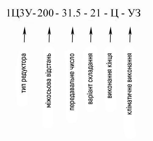 Умовне позначення циліндричного редуктора 1Ц3У-200-31.5 Купити редуктор циліндричний 1Ц3У-200 в Україні