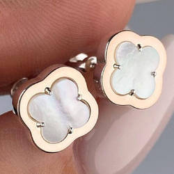 Срібні сережки-пусети з золотими накладками з білим каменем у формі конюшини (1,1 см) РН-157