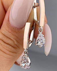 Срібні сережки-підвіски з золотими накладками з фіанітами (3 см) РН-254