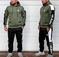 Спортивний костюм чоловічий зимовий Adidas чорно-хакі теплий комплект толстовка штани адідас на флісі