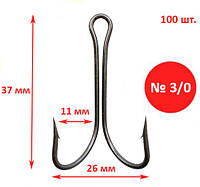 Крючок двойной №3/0, Корея, 100 шт. Рыболовный крючок для вылова крупной, сильной рыбы