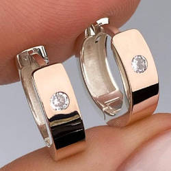 Срібні сережки-кільця (конго) з золотими накладками з фіианітами (діаметр 1,5 см, ширина 4 мм) РН-054