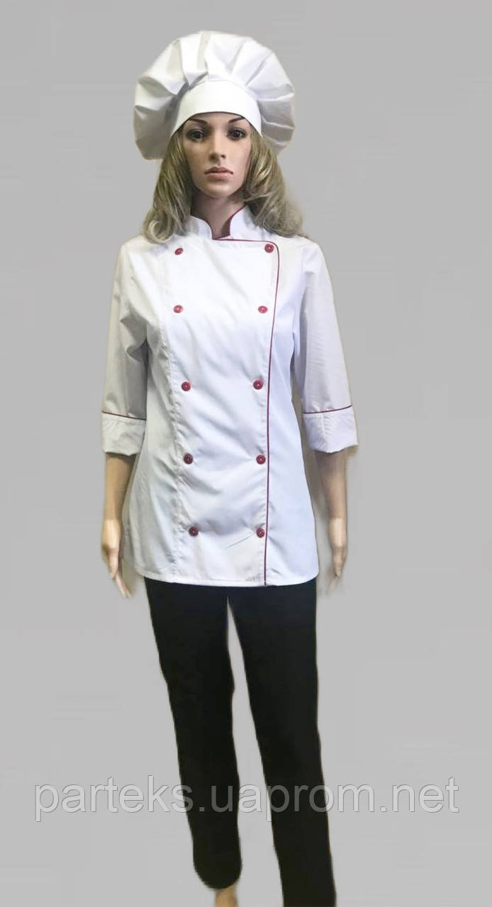 Костюм кухаря жіночий  білого кольору та червоним кантом