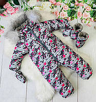 Зимовий дитячий теплий комбінезон від 1 року 80 86 92 розмір з відстібним капюшоном рукавицями та топіками