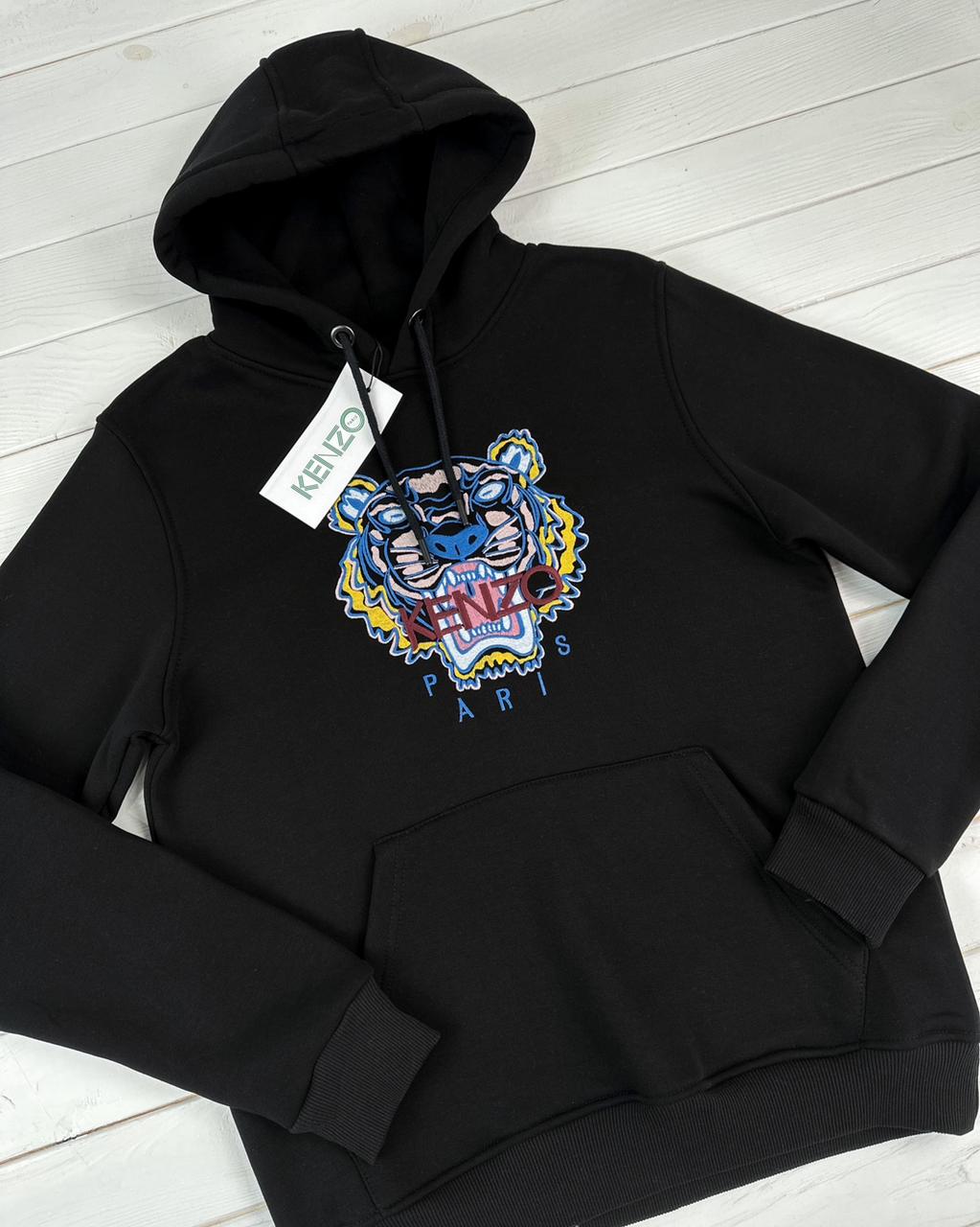 Чоловіче тепле худі Kenzo чорне з капюшоном, зимова толстовка на флісі Кензо з левом