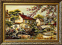 Картина из янтаря Домики у реки Пейзаж 40*60 в рамке