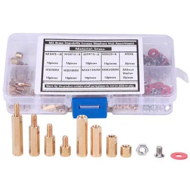 Стійка монтажна латунна М3 120 шт., міжплатна 6-гранна, набір із гвинтами, фото 1