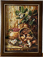 Картина з бурштину Грибний кошик — дари Лісу Натюрморт 30*40 у рамці