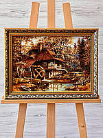 Картина из янтаря Дом у реки Осень Пейзаж 30*40 в рамке