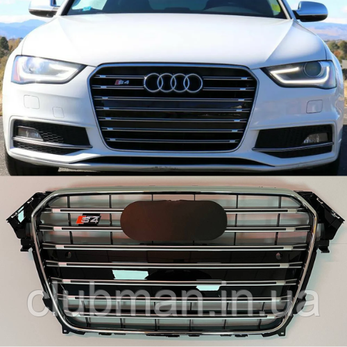 Решітка радіатора AUDI (Ауді) A4 B8.5 Рестайл (2011-2015) Хром рамка, чорна сітка, сріблясті ребра, стиль S4