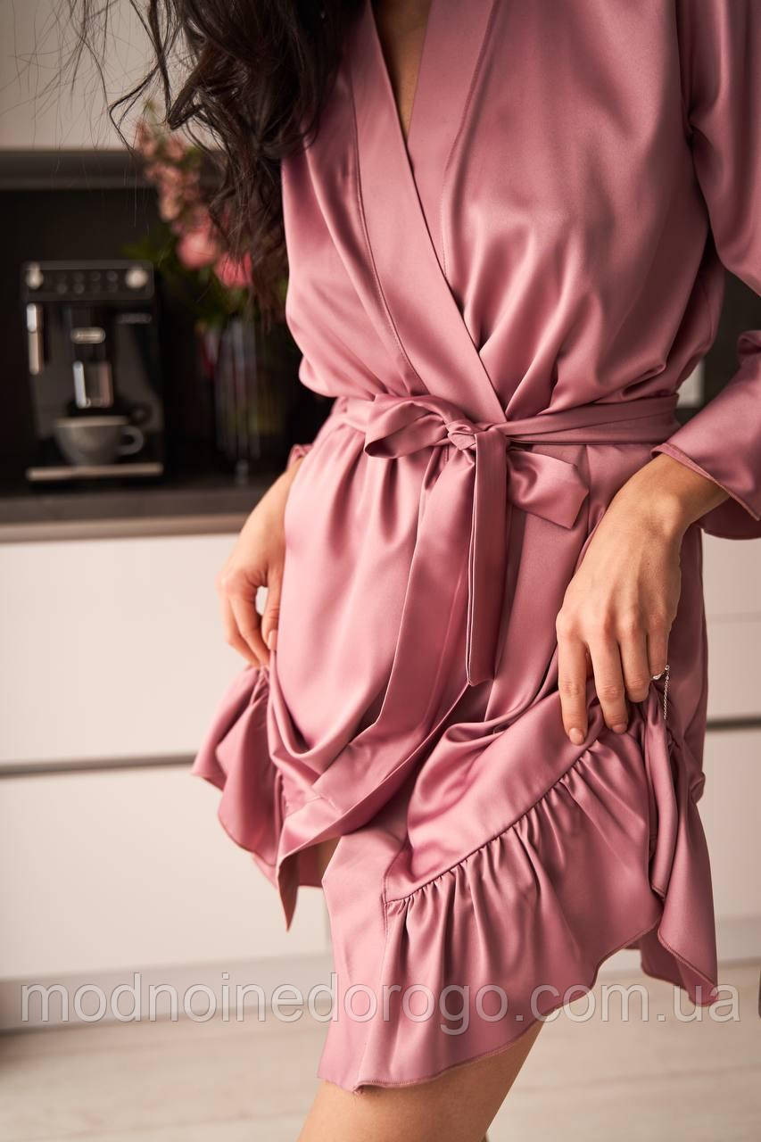 Женский шелковый короткий халат на запах.Домашний,повседневный халат кимоно с рюшами в расцветках,размер 42-46 Пудра - фото 2 - id-p1963307578
