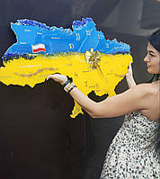 Годинник настінний патріотичний жовто блакитний з епоксидної смоли карта України 1м*67см герб України