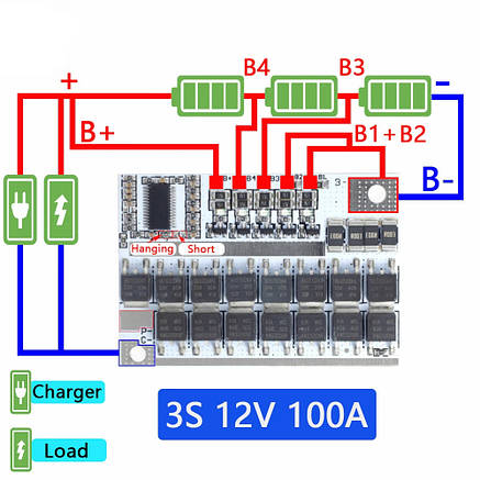 Контролер BMS 3S 100А 12.6v для 18650 з балансуванням, фото 1