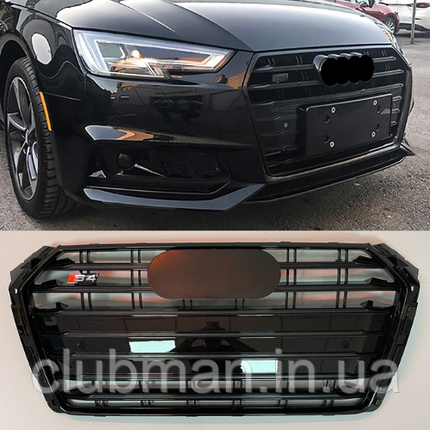Решітка радіатора AUDI (Ауди) A4 B9 (2016-2019) Чорний глянець рамка, сітка та логотип, стиль S4, фото 1