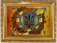 Картина з бурштину Герб України Тризуб 20*30 в рамці