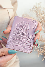 Обкладинка для ID паспорта жіноча шкіряна в кольорі чайна роза з тисненням Сова | Обкладинка на права жіноча