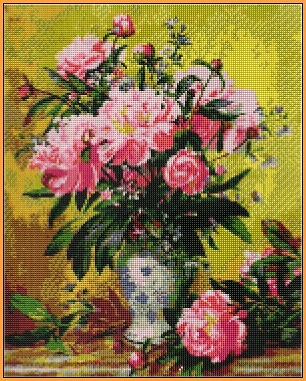 Мозаїка алмазна Babylon Яскраві півонії в білій вазі (ST2164) 40 х 50 см (На підрамнику), фото 1