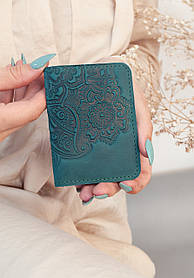 Обкладинка для ID паспорта жіноча шкіряна темно-бірюзова з тисненням Сад | Обкладинка на права