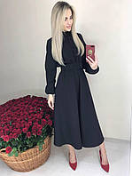 Женское платье-миди приталенного силуэта с поясом: 42-44, 46-48, 50-52. Цвет: черный, бежевый, бордо.
