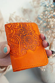 Обкладинка для ID паспорта жіноча шкіряна помаранчева з тисненням Квітучий Сад | Обкладинка на права