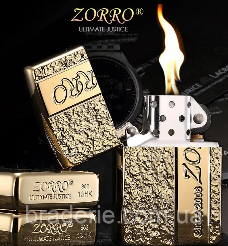 Запальничка бензинова золота ZORRO Ultimate Justice в жерстяній коробці