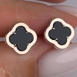 Срібні сережки-пусети з золотими накладками з чорним каменем у формі конюшини (1,1 см) РН-157