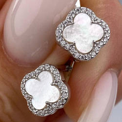 Срібні сережки родовані з каменем білим і фіанітами в формі конюшини (1 см) РН-343