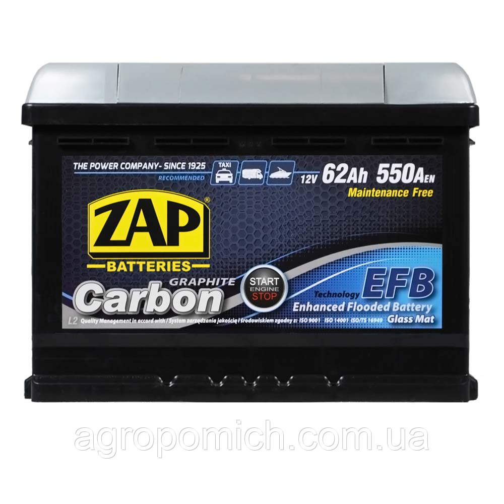 Автомобільний акумулятор ZAP Carbon EFB 62Ah 550A R+ (правий +) L2 (562 05)