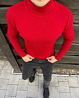 Стильный базовый демисезонный красный мужской свитер, теплый однотонный мужской гольф эластичный под горло