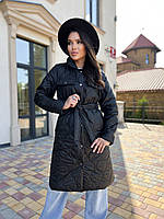 Стильне жіноче пальто чорного кольору, трендове стьобане пальто з поясом