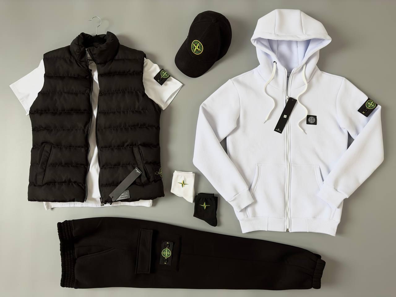 Чоловічий зимовий спортивний костюм Stone Island білий на флісі + Жилетка + Футболка + Кепка Стон Айленд (Bon)