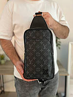 Мужской слинг Louis Vuitton черный кожаный монограмм Сумка через плечо Луи Виттон (Bon)