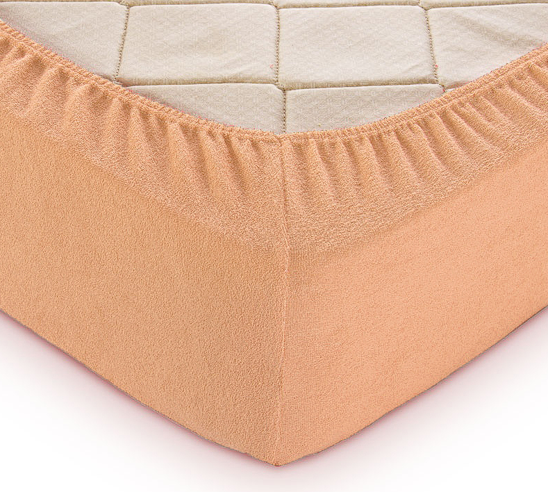 Простирадла на резинці однотонні 180х200 махрові зносостійкі, натяжні простирадла каура якісне Персиковий, фото 1