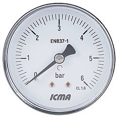 Манометр для тиску води ICMA 243 на 6 бар із заднім підключенням 1/4" Ø63 мм 91243AB06