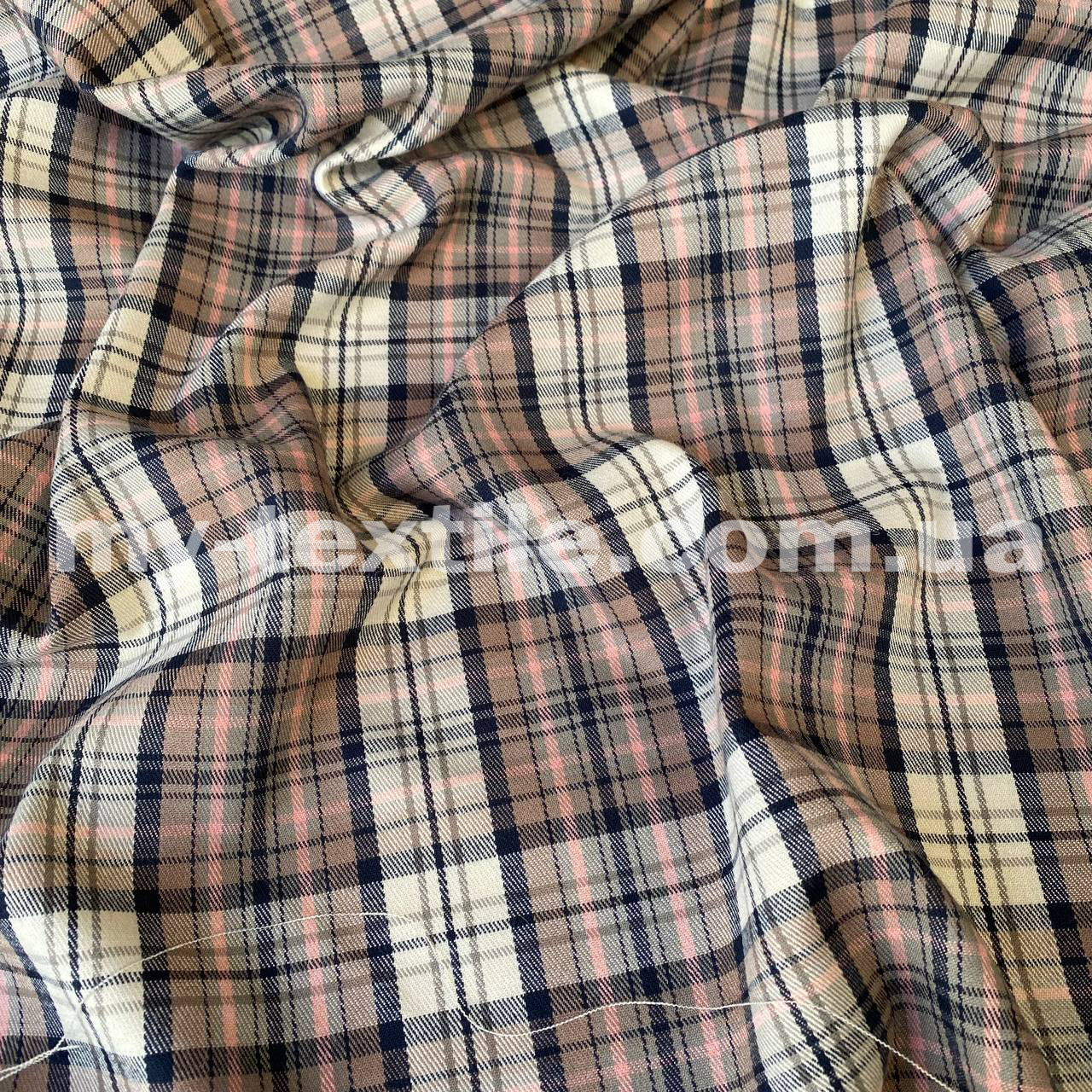 Костюмна (брючна) тканина принт клітинка Бежевий з рожевим, фото 1