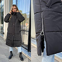 Куртка жіноча довга по коліно парка силікон 250 плащівка з капюшоном осінь зима чорна