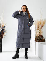 Пальто пуховик одеяло зима оверсайз с капюшоном на молнии арт. А520 серый/ графит