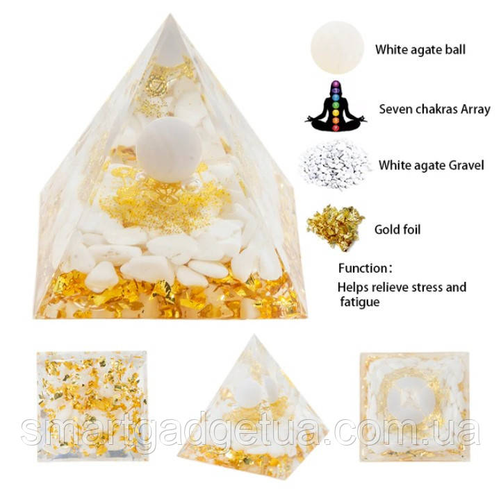 Енергетична піраміда - гармонізатор White Agate Сім Чакр з кулькою з натурального мінералу / Фен шуй