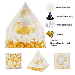 Енергетична піраміда - гармонізатор White Agate Сім Чакр з кулькою з натурального мінералу / Фен шуй